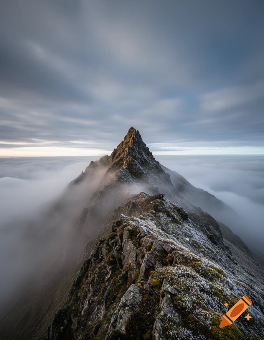A rugged mountain peak and ridge emerging above a dense cloud inversion under a dramatic, cloudy sky.