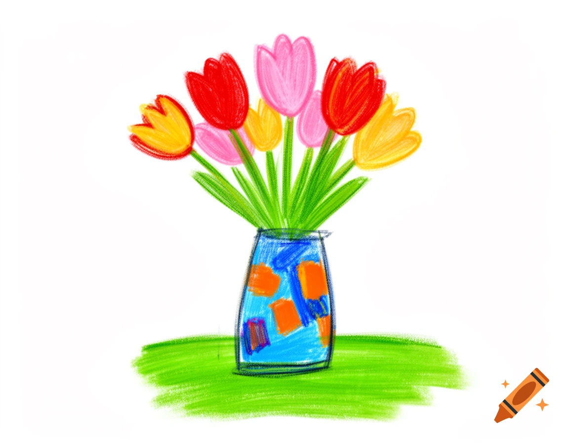 A colorful child-like crayon drawing of red, pink, and yellow tulips in a blue patterned vase on green ground.