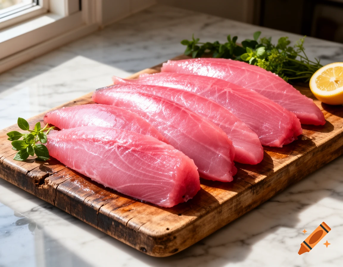Five fresh pink tuna fillets on a wooden cutting board with herbs and a lemon half.