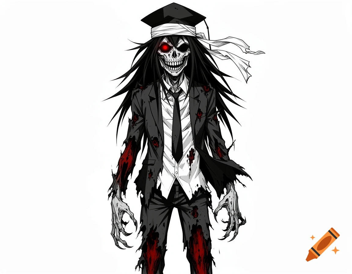 Anime-style skeletal undead creature in a torn suit, graduation cap, glowing red eye, and long black hair, with bloodstains.