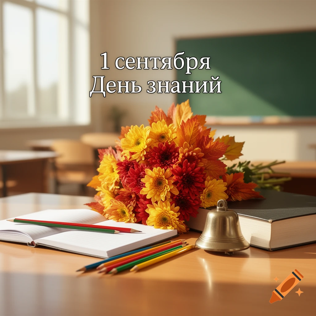 Photorealistic classroom setting with an open notebook, pencils, a school bell, a stack of books, and an autumn flower bouquet on a wooden desk, featuring Russian text saying 1 сентября День знаний.