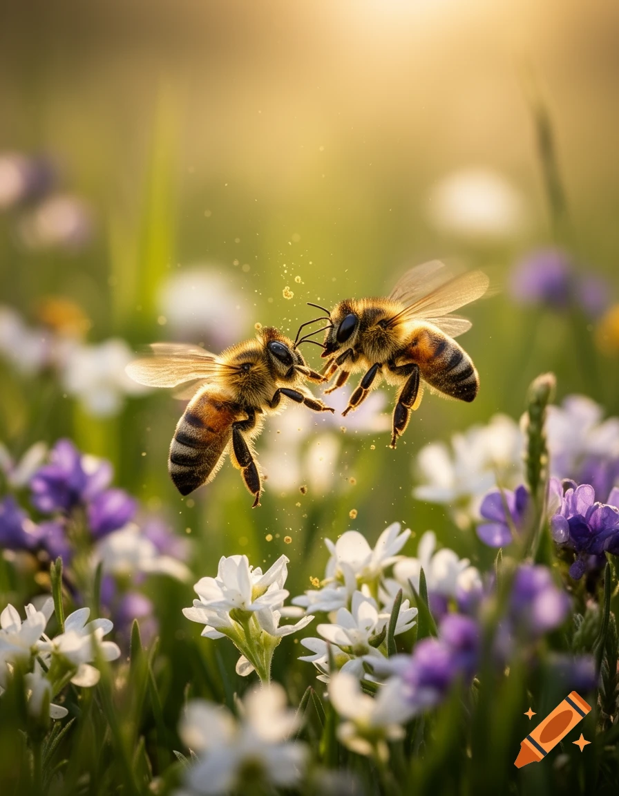 Two photorealistic bees hover facing each other in a sunny field of white and purple wildflowers, with pollen sparkling.