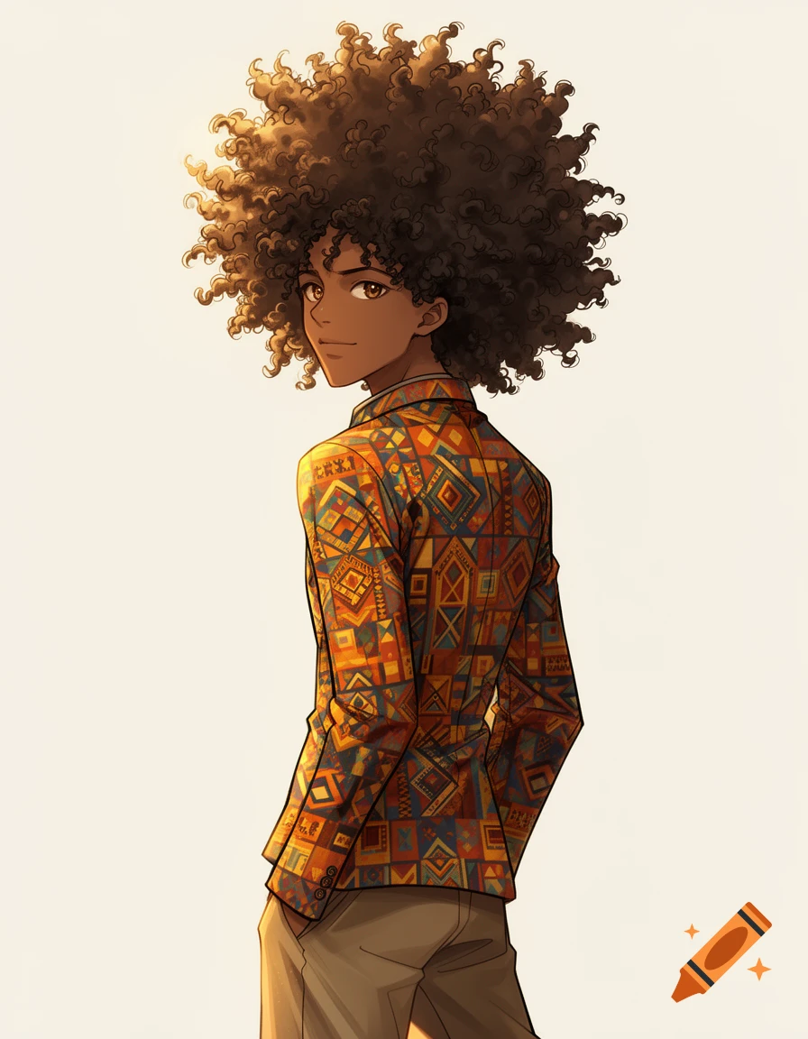 Anime person with a large afro, wearing a vibrant patterned jacket, looking over their shoulder.
