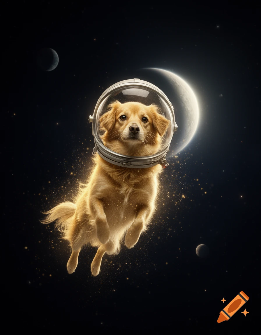 A fluffy golden-brown dog wearing an astronaut helmet floats weightlessly in deep space, illuminated by a crescent moon and distant stars.