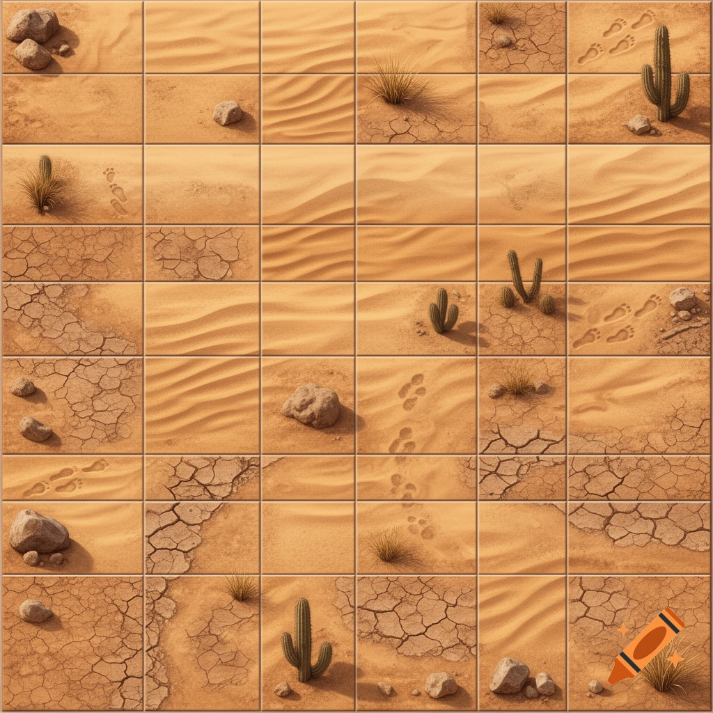 A grid of seamless desert tiles featuring sand dunes, cracked earth, cactuses, rocks, and footprints.