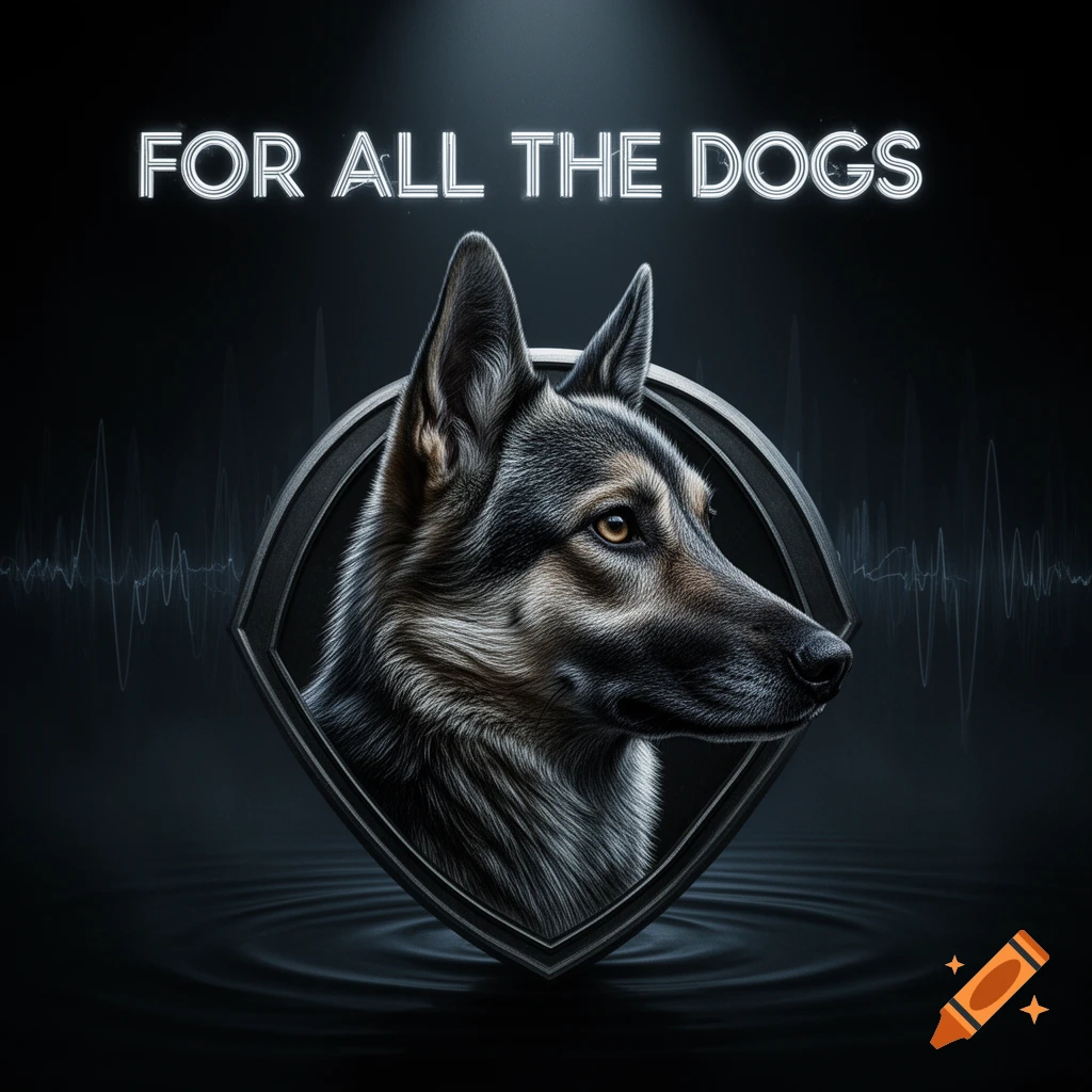 A detailed German Shepherd's head in a metallic shield-like frame with the text 'FOR ALL THE DOGS' above it, on a dark background with sound waves and water ripples.