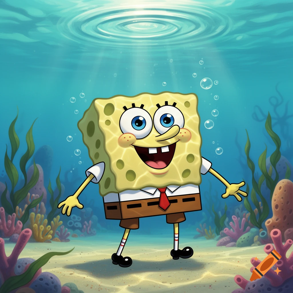 Spongebob Squarepants smiling widely underwater among coral and seaweed.