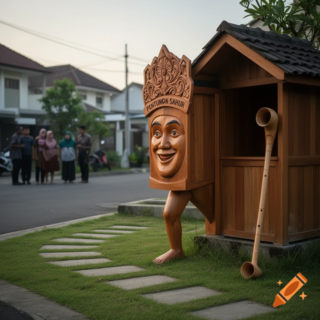 A wooden 'PENTUNGAN SAHUR' carving with a smiling face and a human leg stands on a grassy lawn in a neighborhood setting.
