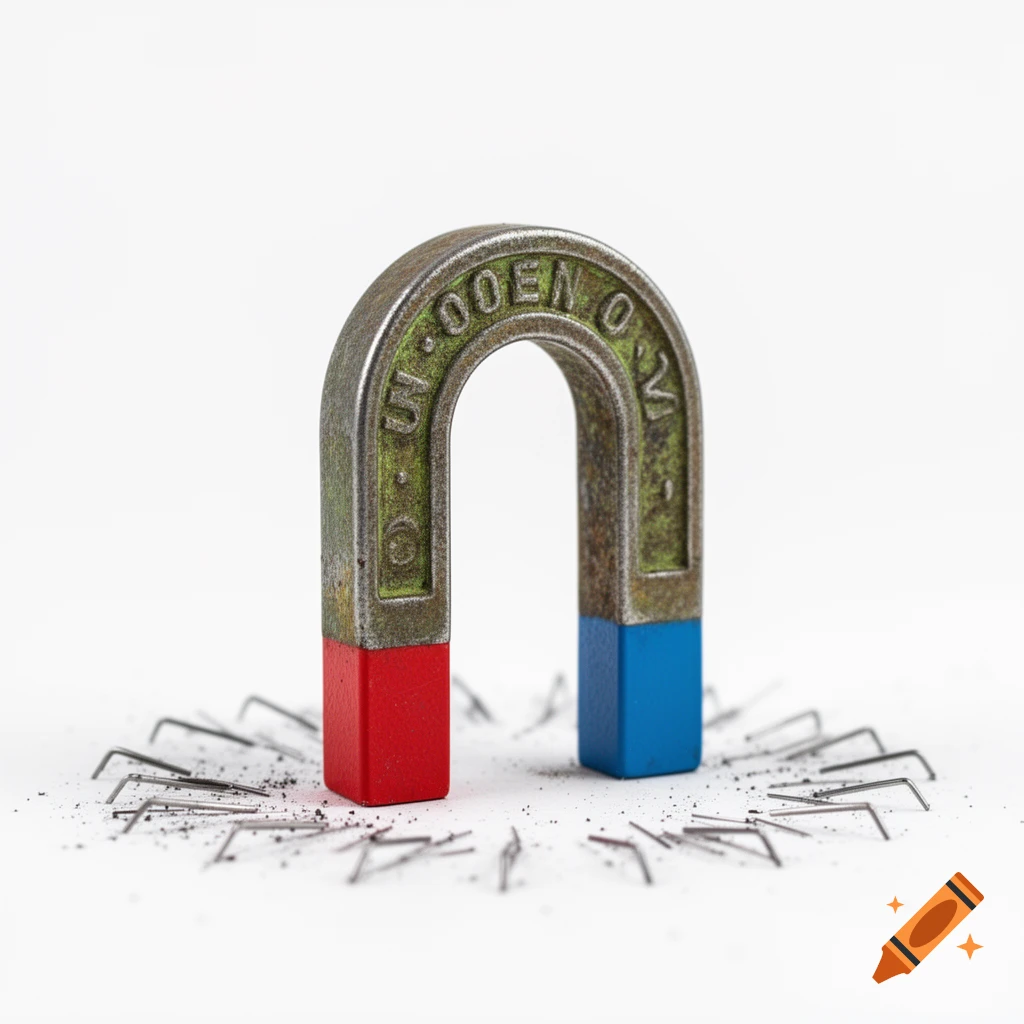 A U-shaped horseshoe magnet, red on one pole and blue on the other, stands upright on a white surface, surrounded by attracted metal staples.