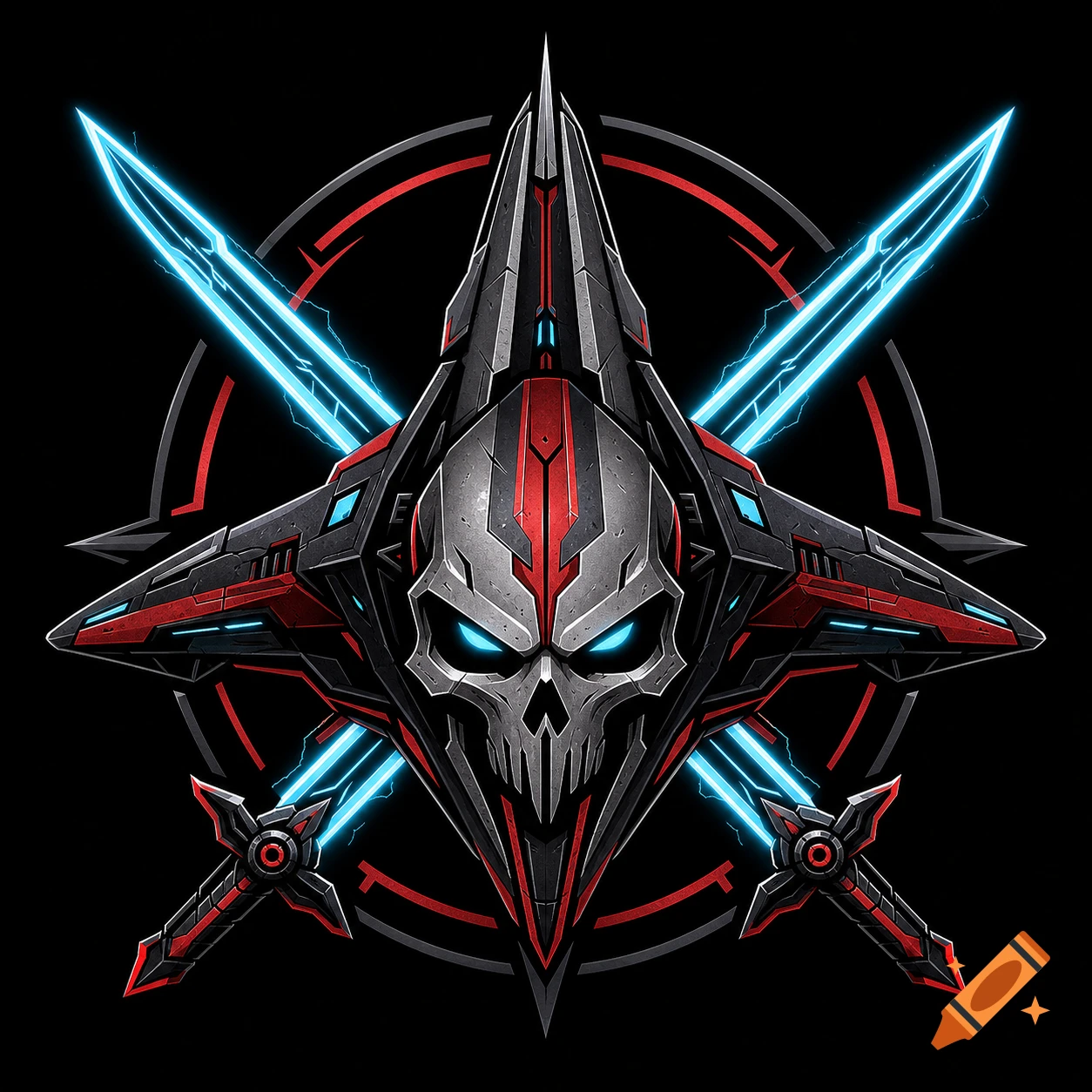 Symmetrical futuristic logo featuring a central skull flanked by crossed sci-fi swords in black, red, and glowing blue.