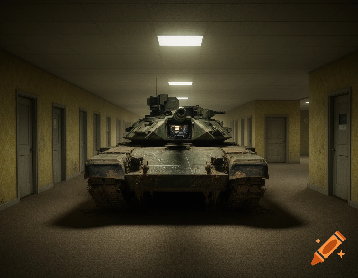A large military tank parked in a long, eerie, carpeted hallway with yellow walls and many doors, under dim fluorescent lights.