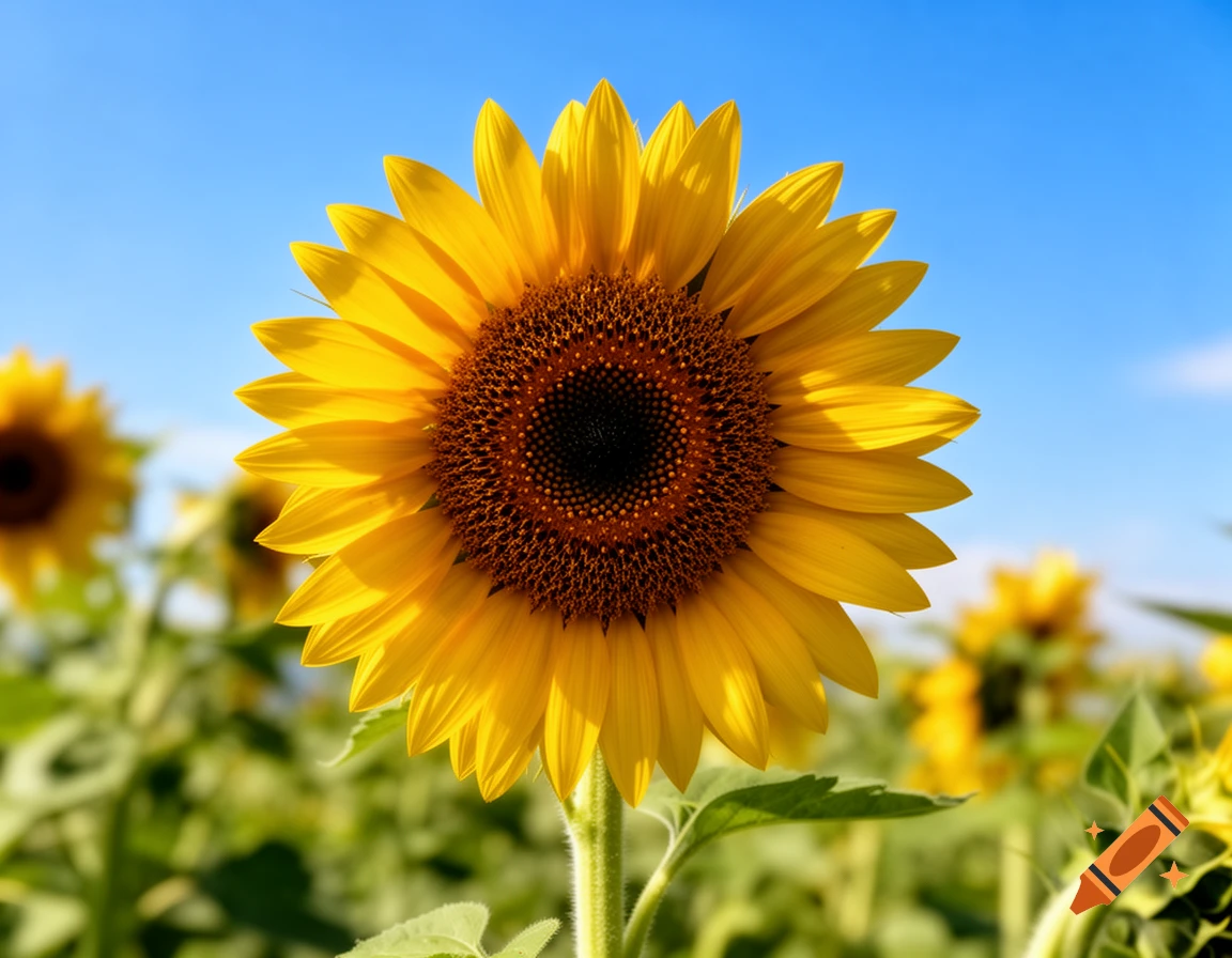 A vibrant yellow sunflower in a close-up shot, standing tall in a green field under a clear blue sky.