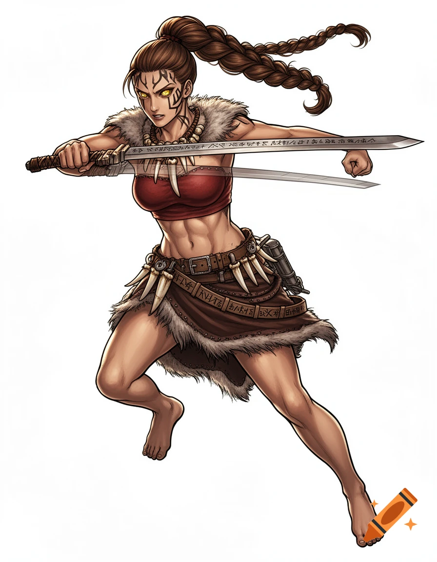 Full-body illustration of a fierce tribal female warrior with a braided ponytail, holding two swords with engraved runes, in a dynamic fighting stance, against a white background, in a comic/anime hybrid style.