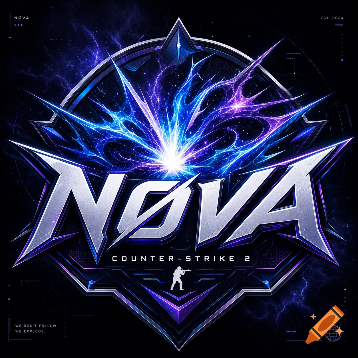 A futuristic esports logo for 'NØVA Counter-Strike 2' with metallic text, a blue and purple energy burst, and a soldier silhouette.
