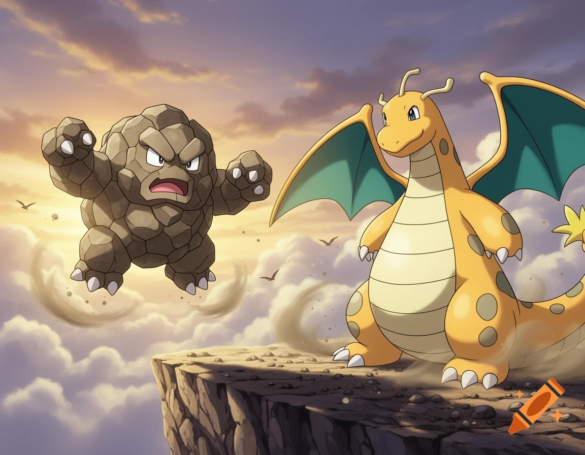 Angry Geodude floats near Dragonite on a cliff overlooking clouds at sunset.