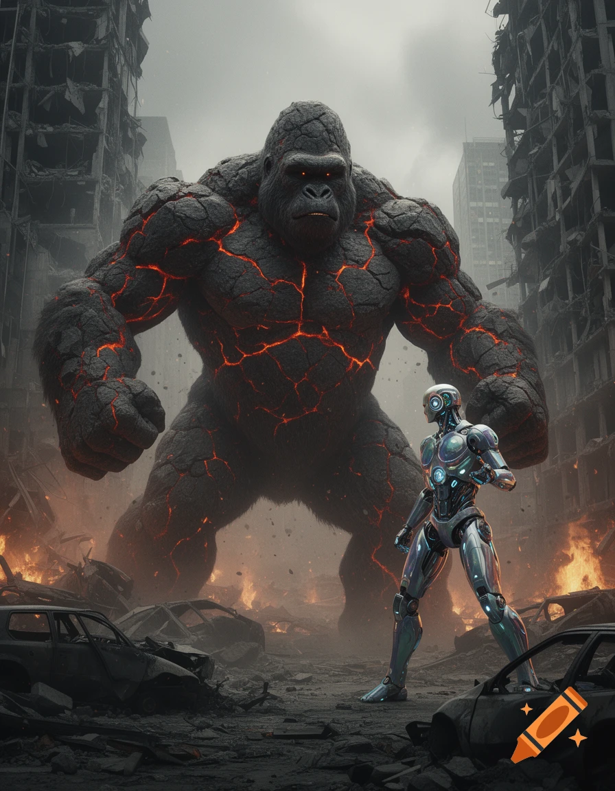 A massive, rocky gorilla monster with glowing red cracks confronts a sleek, metallic robot in a destroyed, burning city.