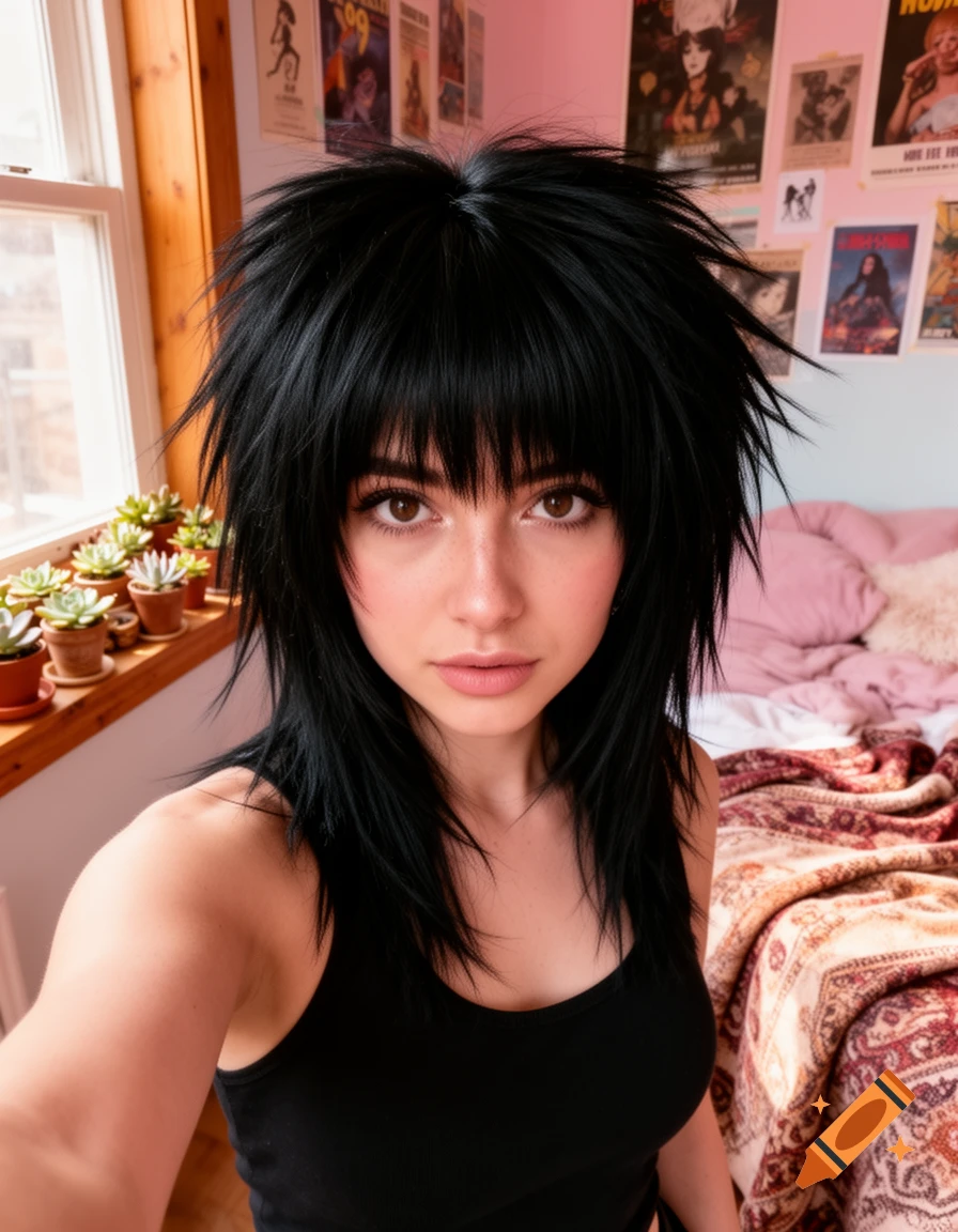Realistic selfie of an alternative girl with a black wolf cut hairstyle, wearing a black tank top in a bedroom.
