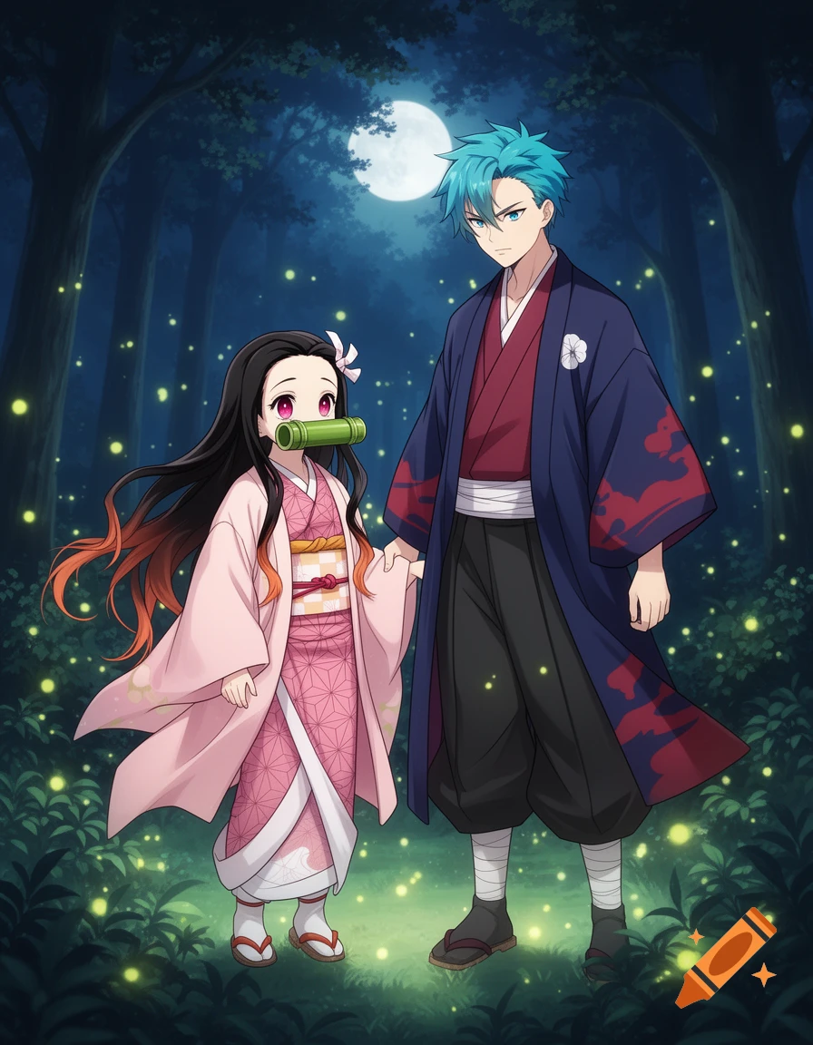 Nezuko and a male anime character holding hands in a moonlit forest with fireflies.