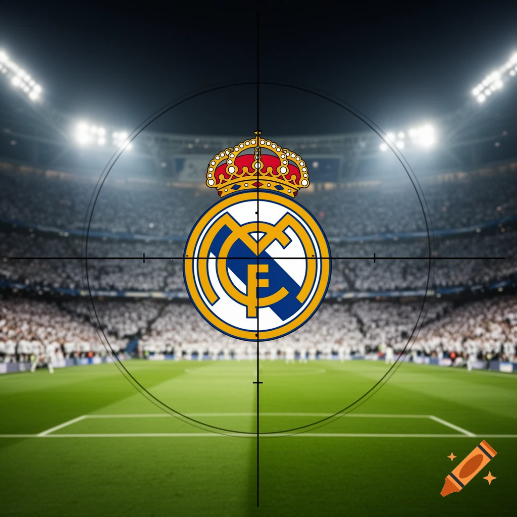 The Real Madrid club logo, featuring an intertwining M, C, and F with a crown, centered in a crosshair over a blurry football stadium.