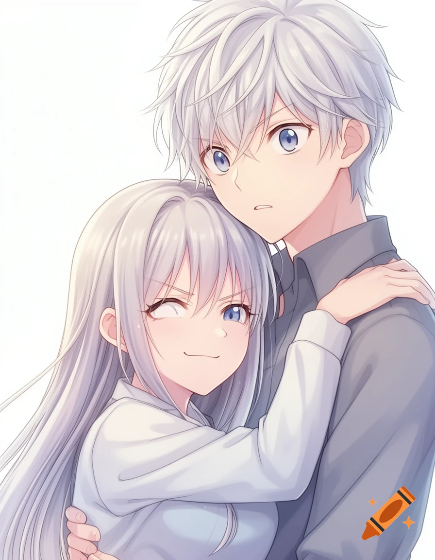 An anime couple with silver hair embracing; the girl has a smug smirk, and the boy looks surprised.
