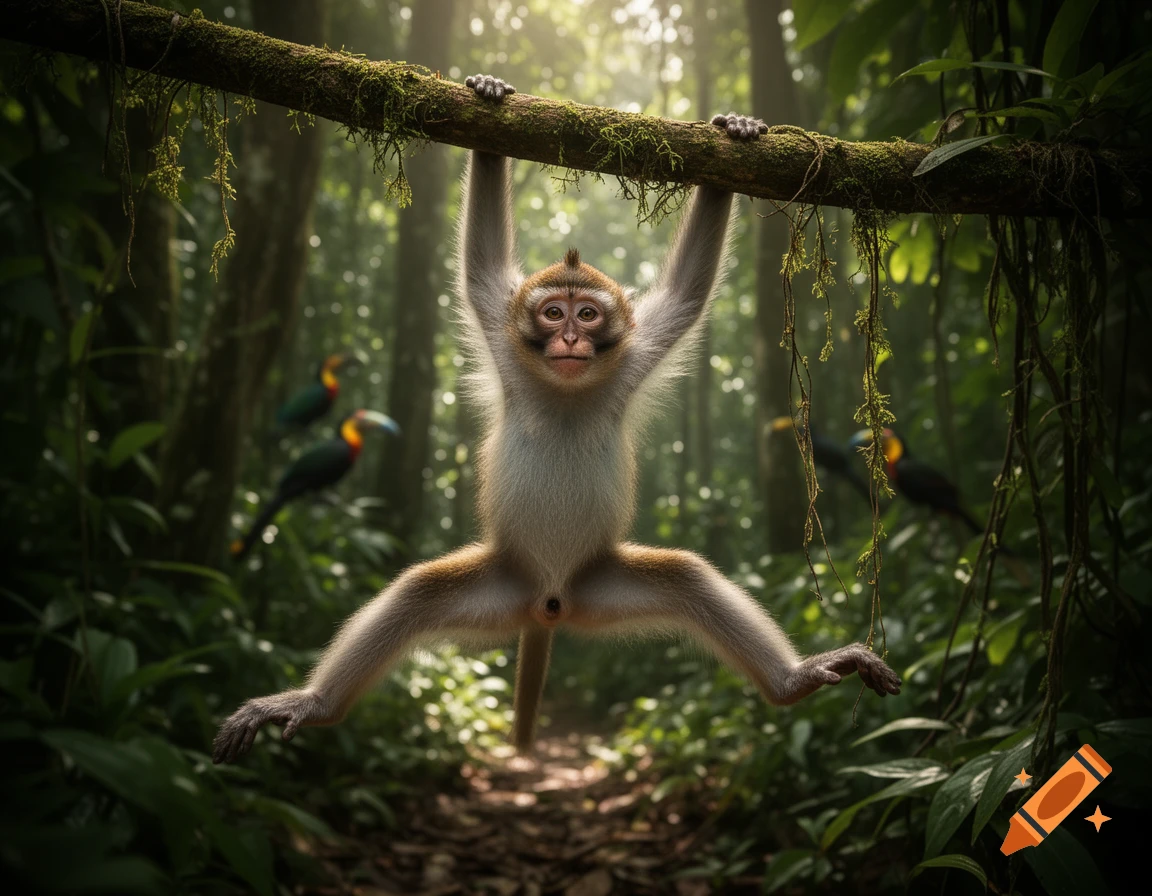 A monkey hangs from a mossy branch, spreading its legs, in a bright, lush jungle with two blurred birds in the background.