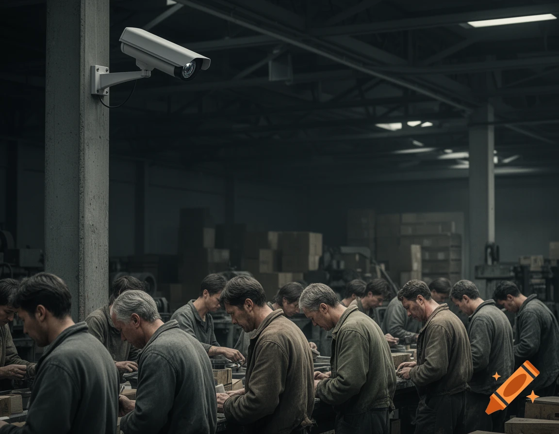 Photorealistic image of men working in a dim factory under the gaze of a surveillance camera.