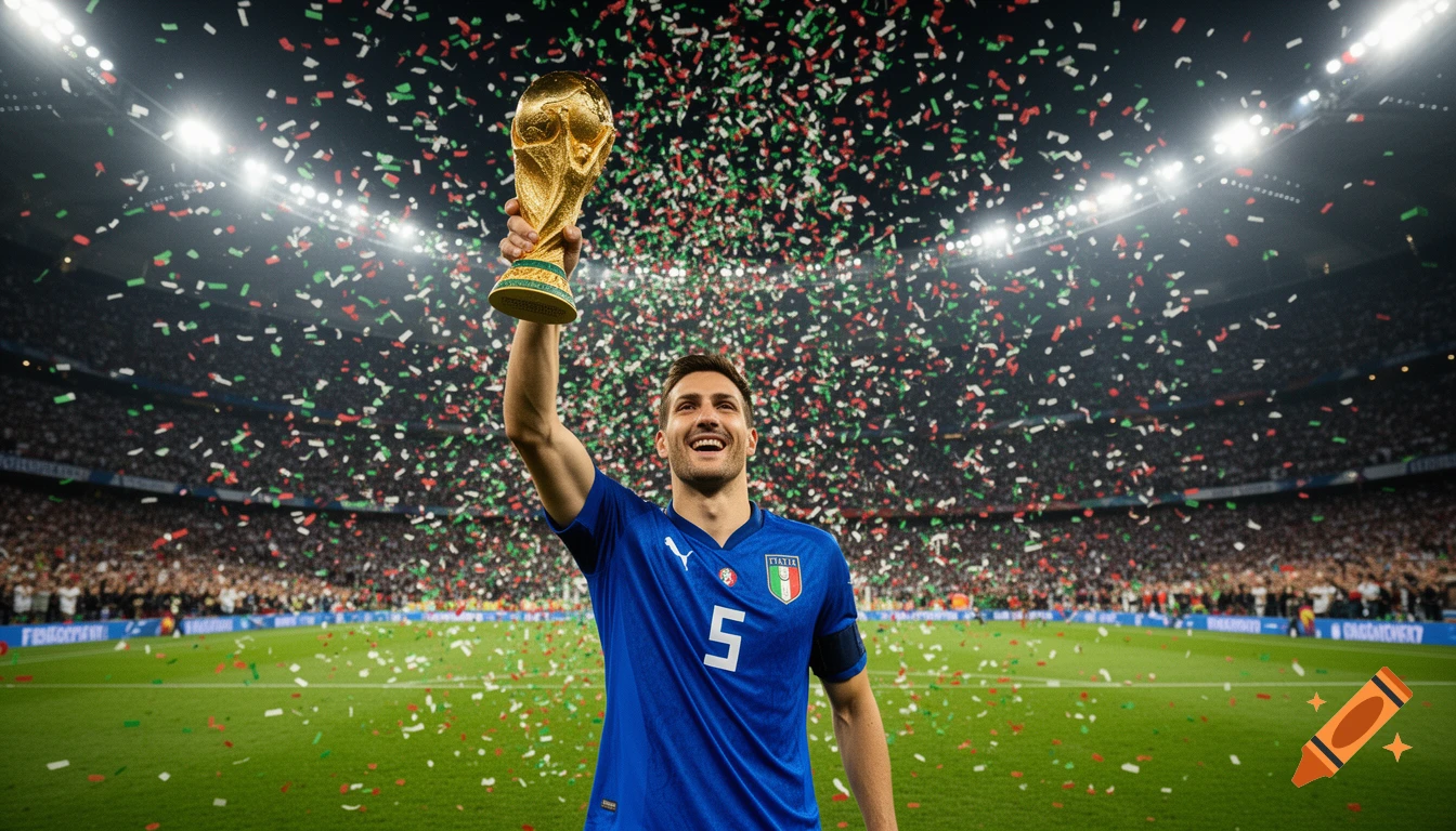 A smiling Italian soccer player in a blue jersey with number 5 holds up the golden FIFA World Cup trophy amidst falling confetti in a packed stadium.