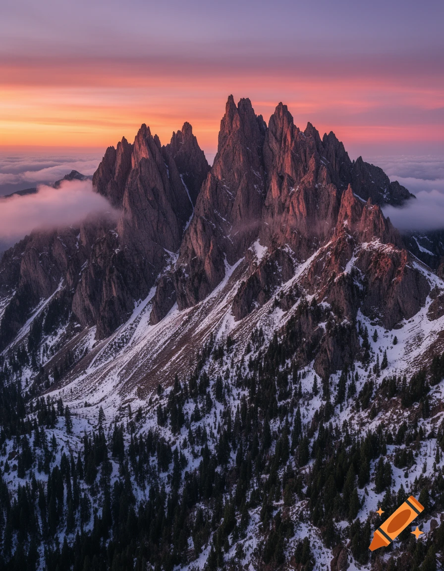 A majestic mountain range with jagged, snow-dusted peaks and evergreen trees under a vibrant orange and purple sunset sky.