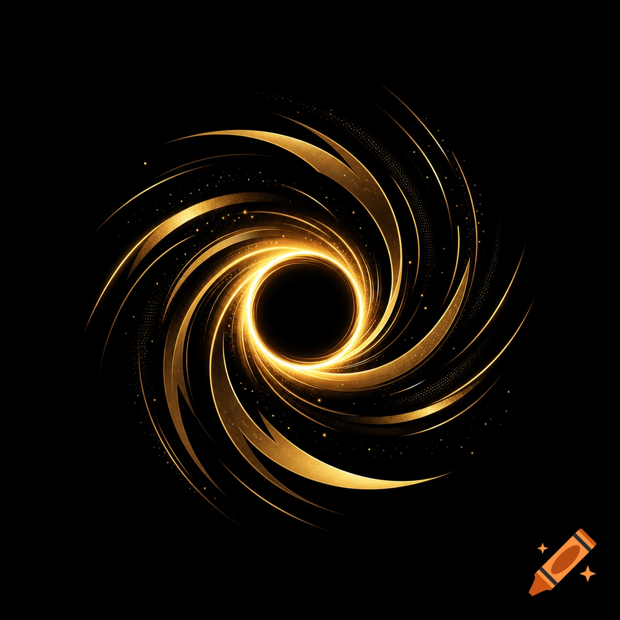 An abstract golden swirl design resembling a black hole or vortex, with glowing lines and sparkling particles on a black background.