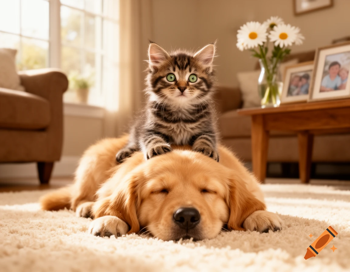 A tabby kitten with green eyes sits on a sleeping golden retriever puppy in a sunlit living room.
