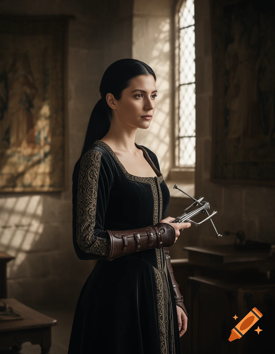 A dark-haired medieval woman in a dark velvet gown and leather arm wraps holds a small crossbow in a stone chamber.