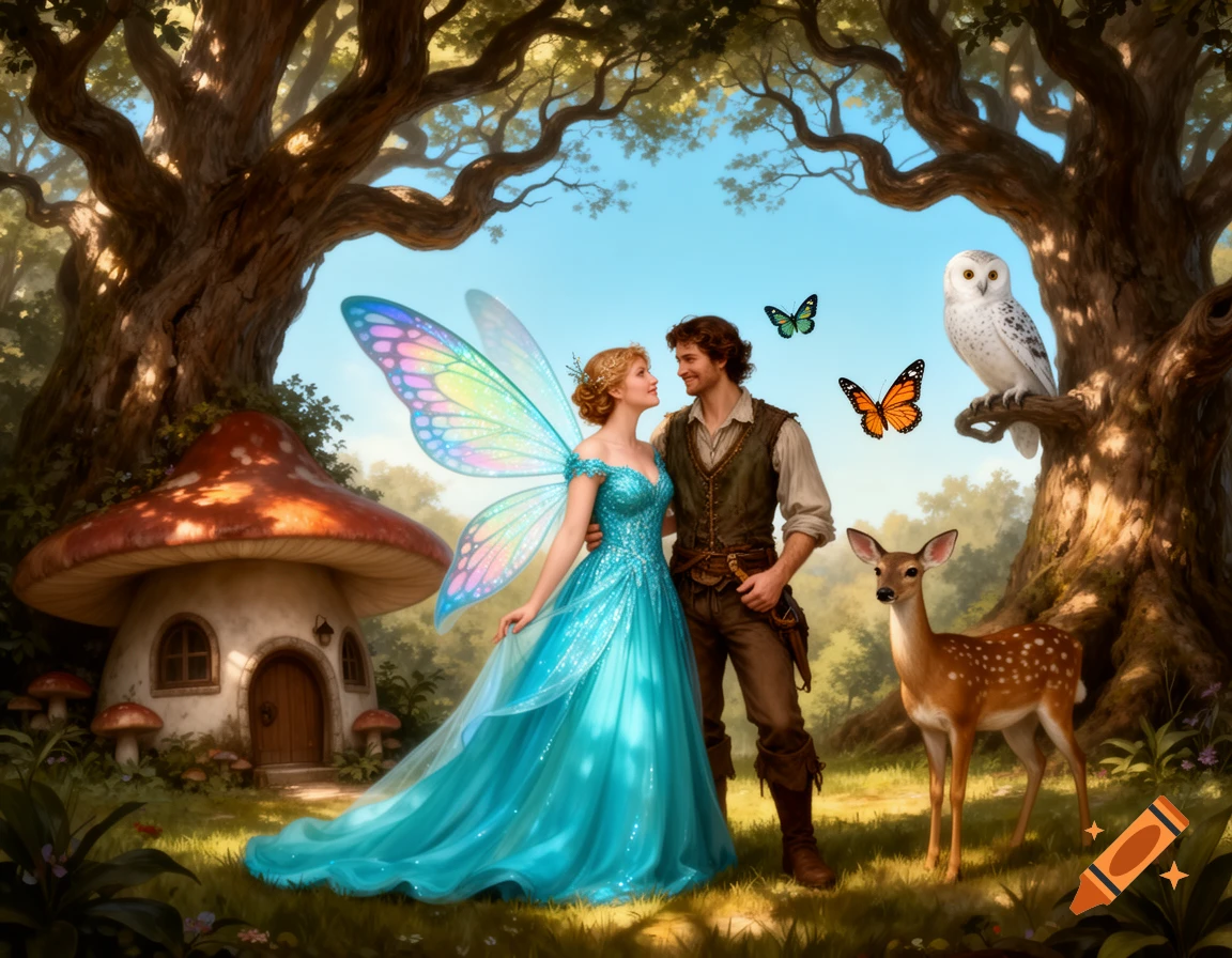 A fairy in a turquoise dress and a man stand in an enchanted forest with a mushroom house, an owl, a deer, and butterflies.