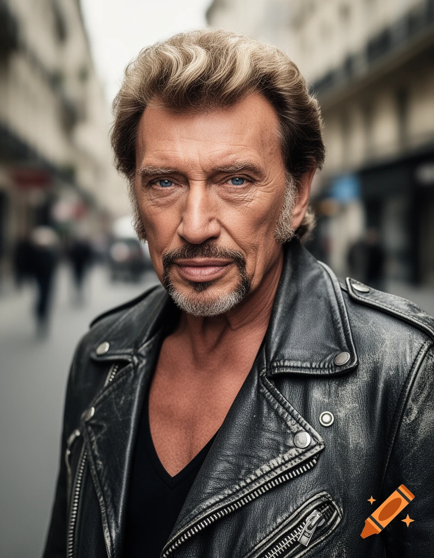 Photorealistic portrait of a man with blonde hair and goatee, wearing a black leather jacket, standing on a blurry city street.