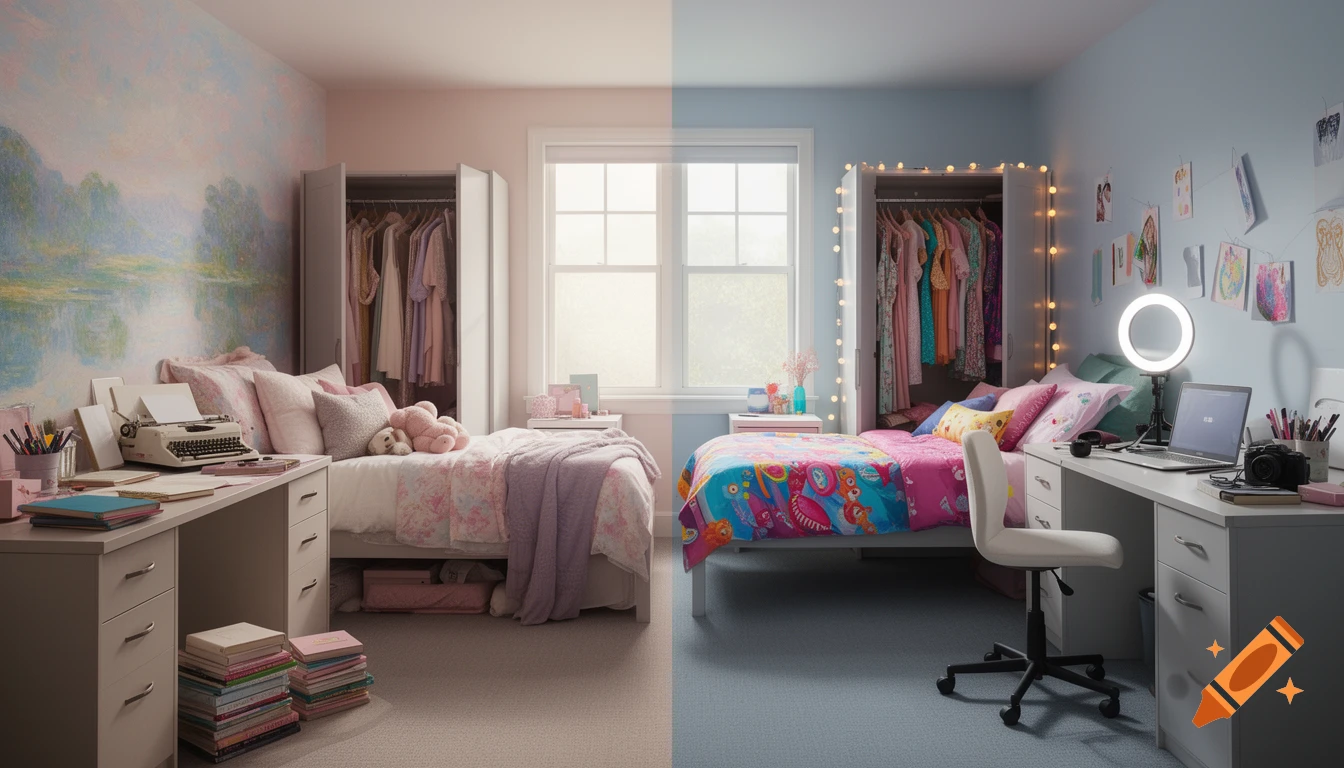 A split dorm room: left with soft pinks, a Monet-style wall, books, and a typewriter; right with blues, a ring light, and a laptop.