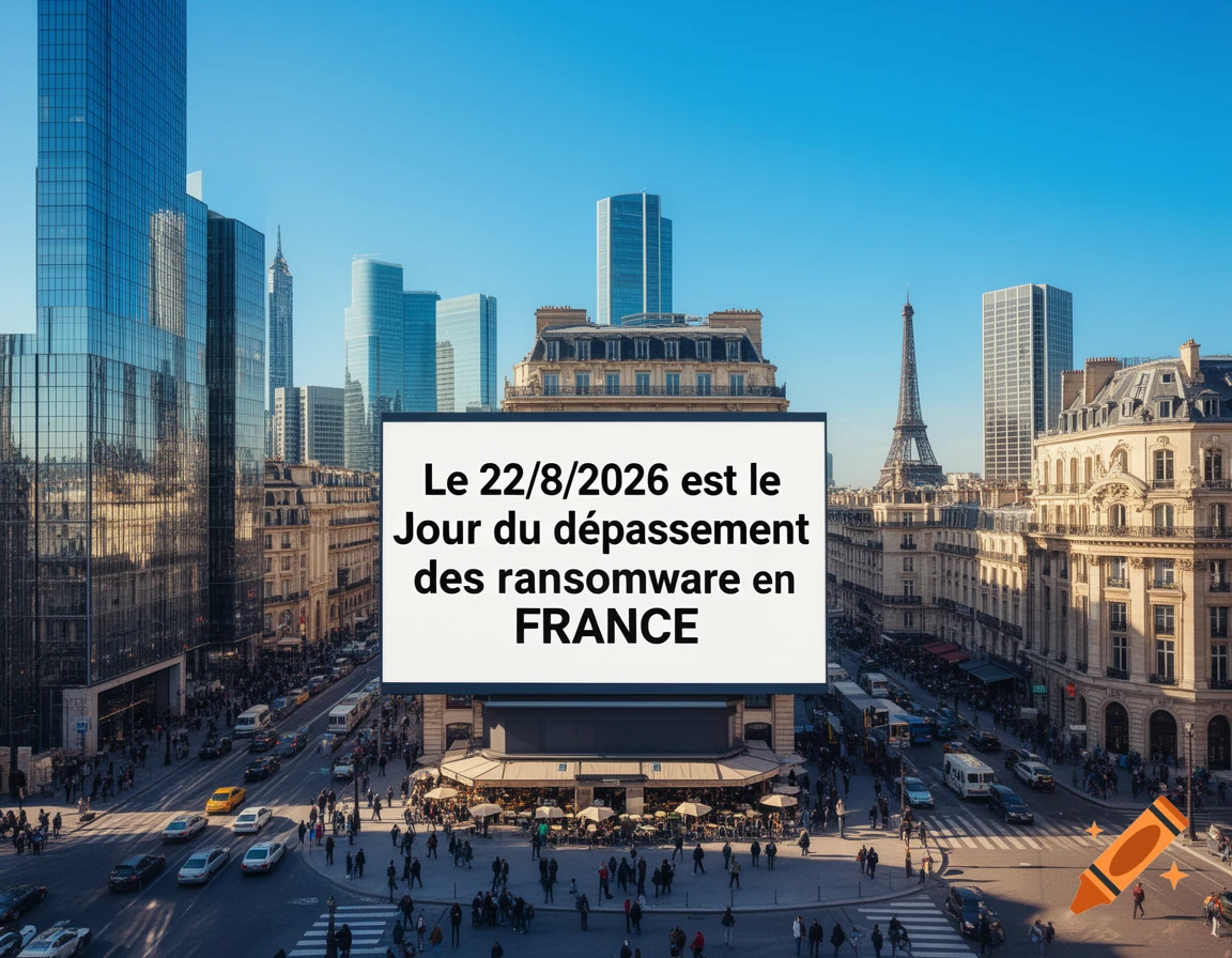 Photorealistic image of a Parisian city street with the Eiffel Tower, featuring a large sign displaying "Le 22/8/2026 est le Jour du dépassement des ransomware en FRANCE".