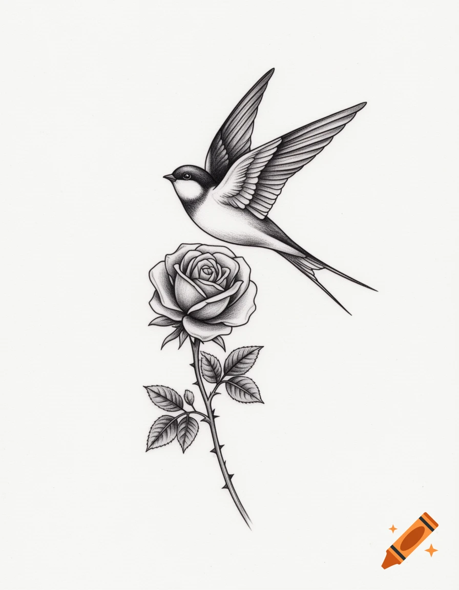 Black and grey fine line tattoo design of a graceful swallow flying above a fully bloomed rose with stem and thorns.