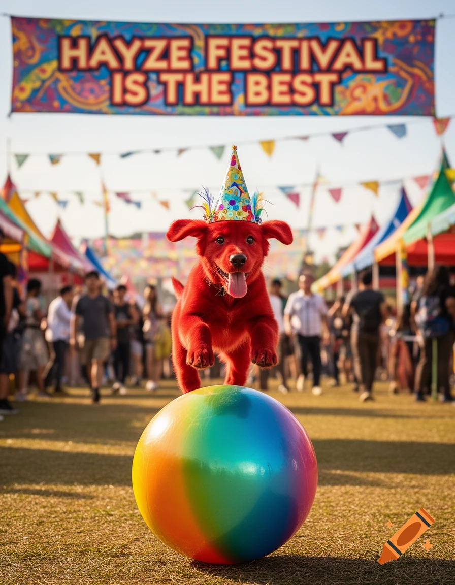 A red puppy in a party hat bounces on a rainbow beach ball at an outdoor festival with a banner reading 'HAYZE FESTIVAL IS THE BEST'.