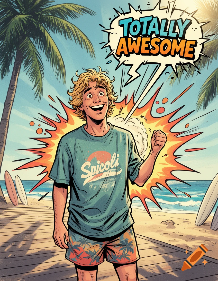 Comic style illustration of a smiling man with blonde hair on a beach with surfboards and palm trees, saying 'TOTALLY AWESOME'.