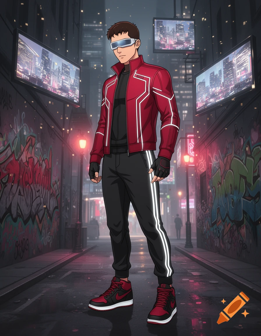 Anime man in a red jacket, black streetwear, and futuristic visor glasses standing in a graffiti-covered alley at night.