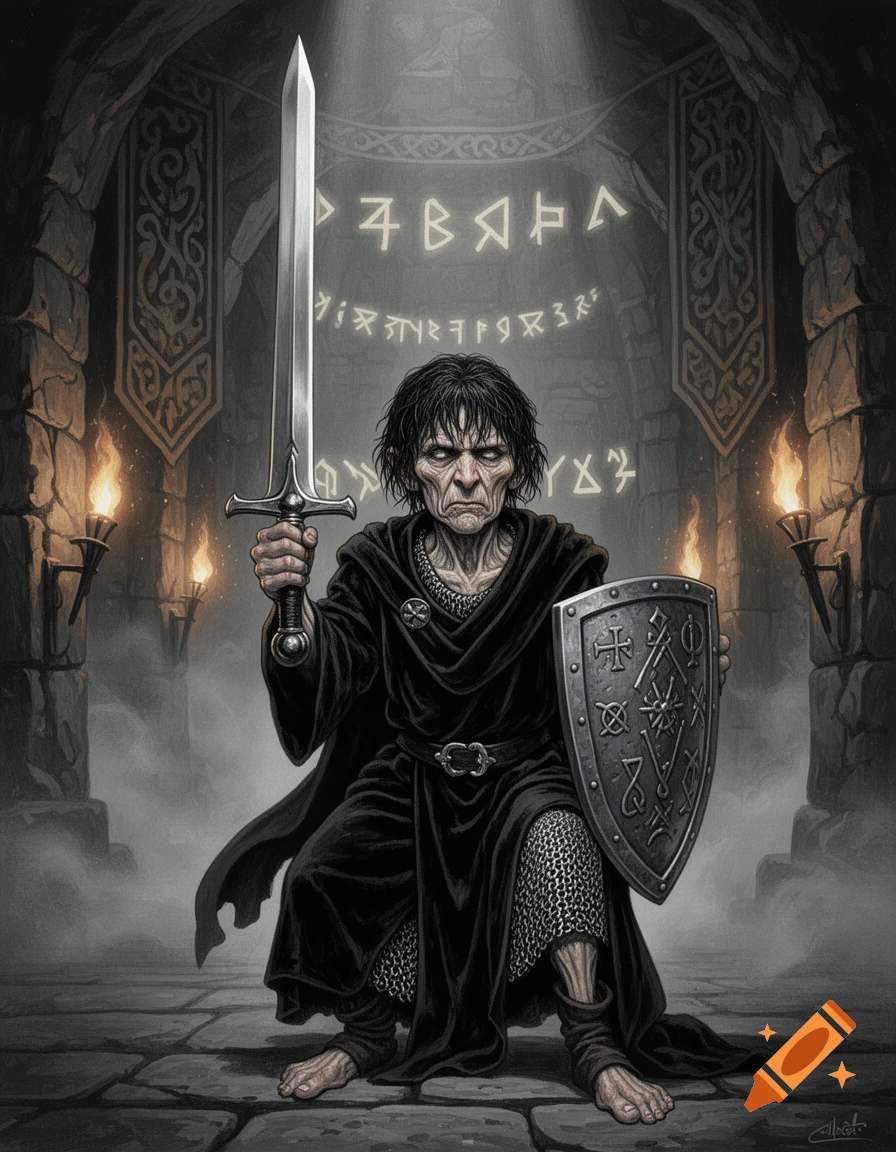 A scrawny dwarf cultist in black robes and chainmail holds a longsword and shield in a dark, runic stone chamber, vintage fantasy illustration.