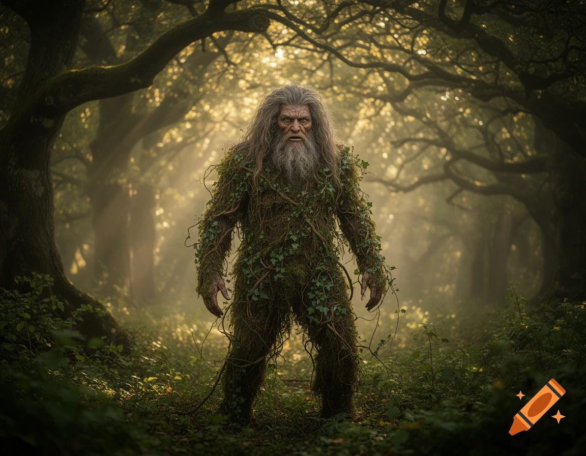 A wild man, or woodwose, covered in moss and vines, stands in a mystical, misty forest with sunlight filtering through the trees.