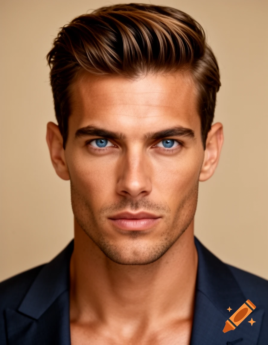 Photorealistic portrait of a handsome man with striking blue eyes, brown side-swept hair, and light olive skin, wearing an open dark suit.