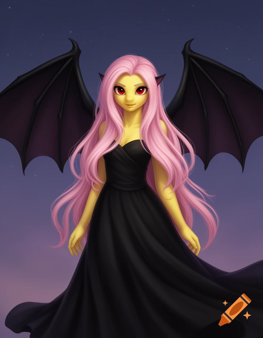 Anime-style illustration of a yellow-skinned vampire woman with long pink hair, red eyes, and black bat wings, wearing a black dress against a starry night sky.