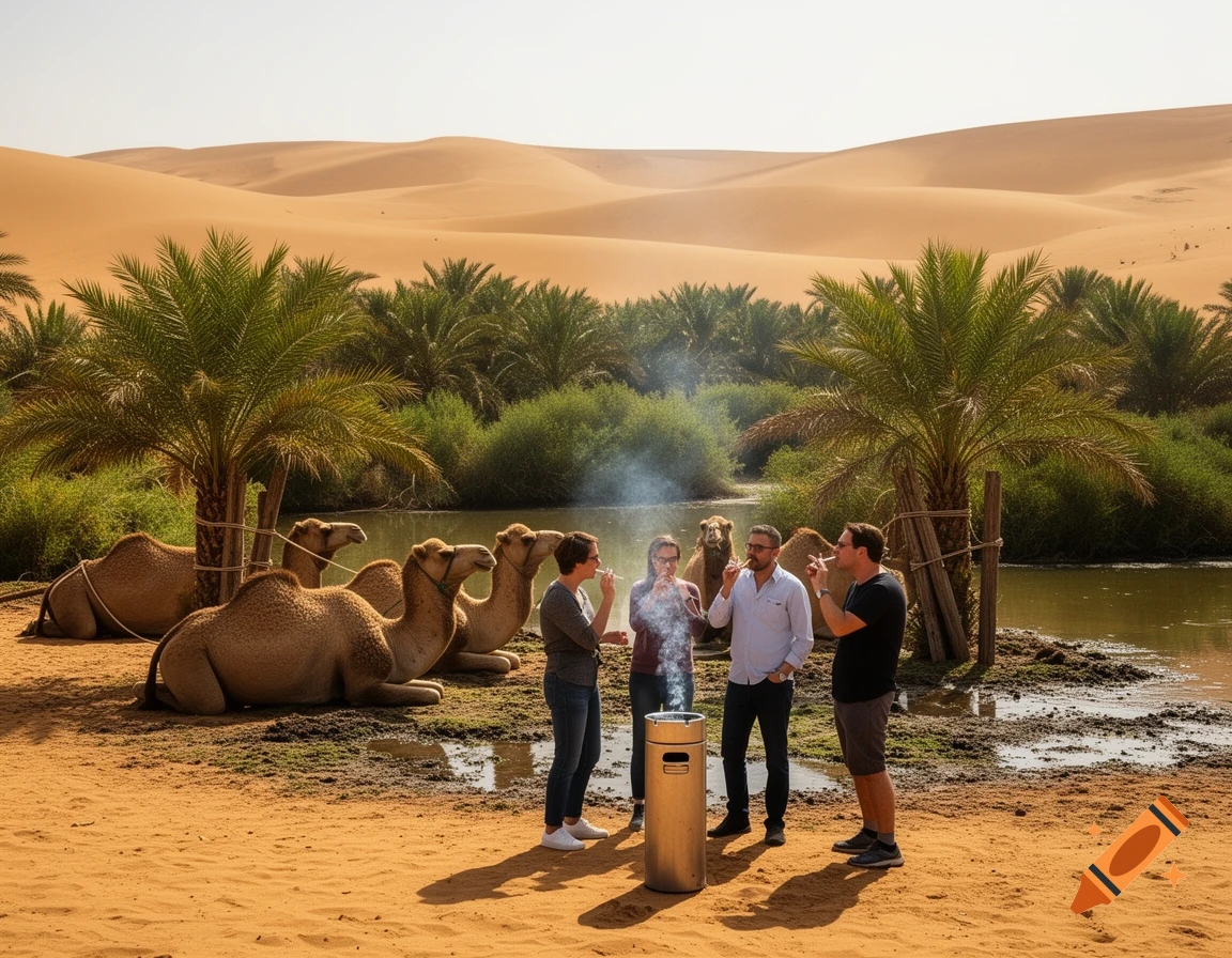 Four people smoking near a standing ashtray in a desert oasis with camels and palm trees, photorealistic.