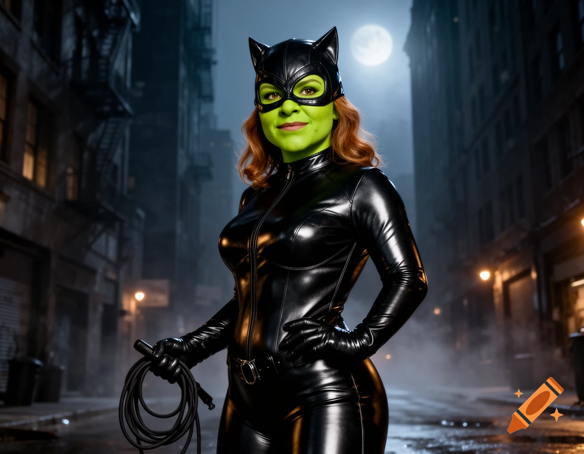 A woman with green skin and red hair dressed as Catwoman in a black leather suit, holding a whip on a dark, wet city street at night with a full moon.