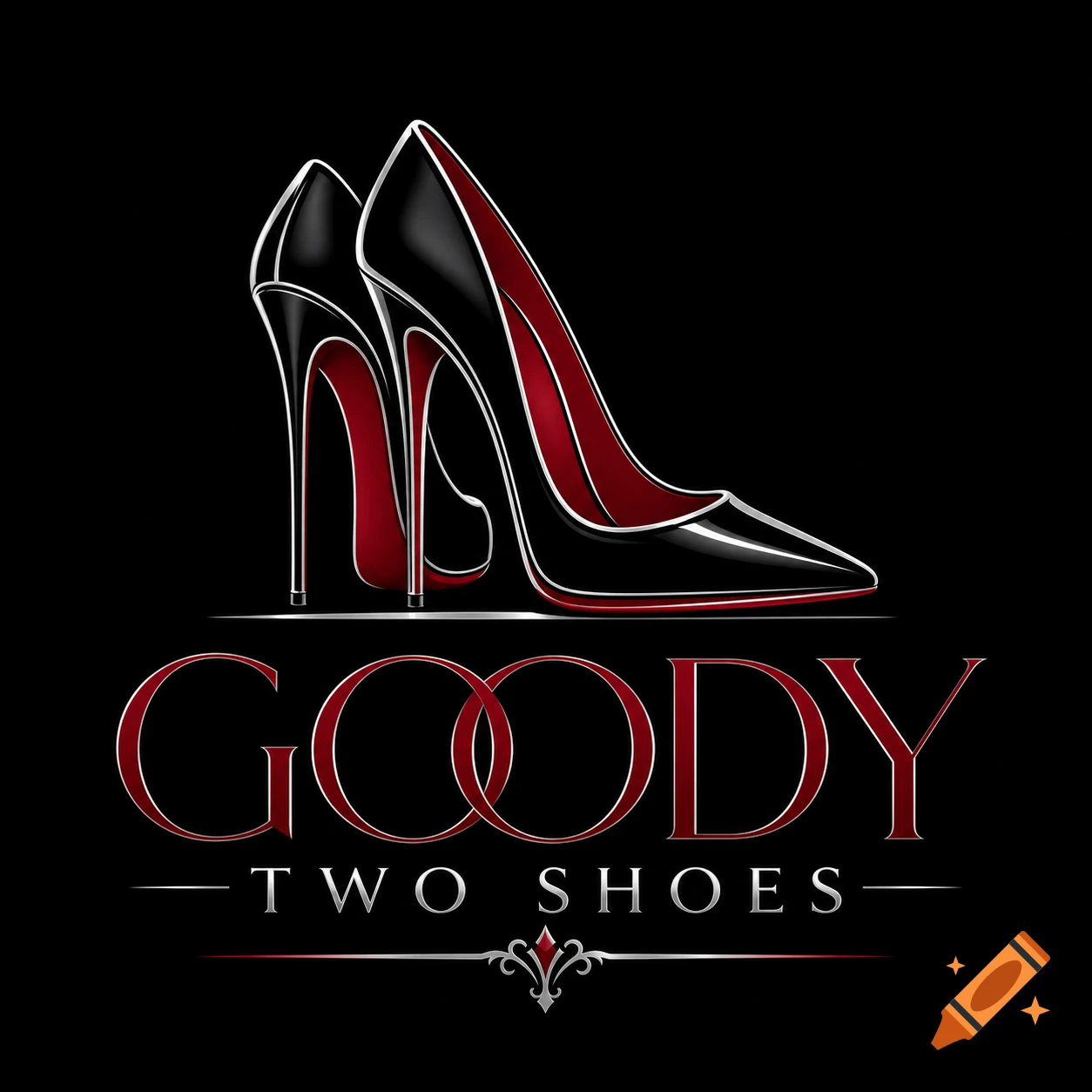 A sleek black and red logo for "Goody Two Shoes" featuring two stylized high-heeled shoes with red interiors and soles.