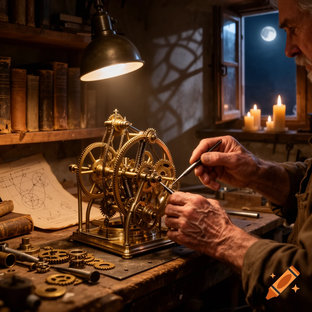 An old man meticulously works on a brass clockwork mechanism in a dimly lit workshop, illuminated by a desk lamp, with a full moon visible outside a window.