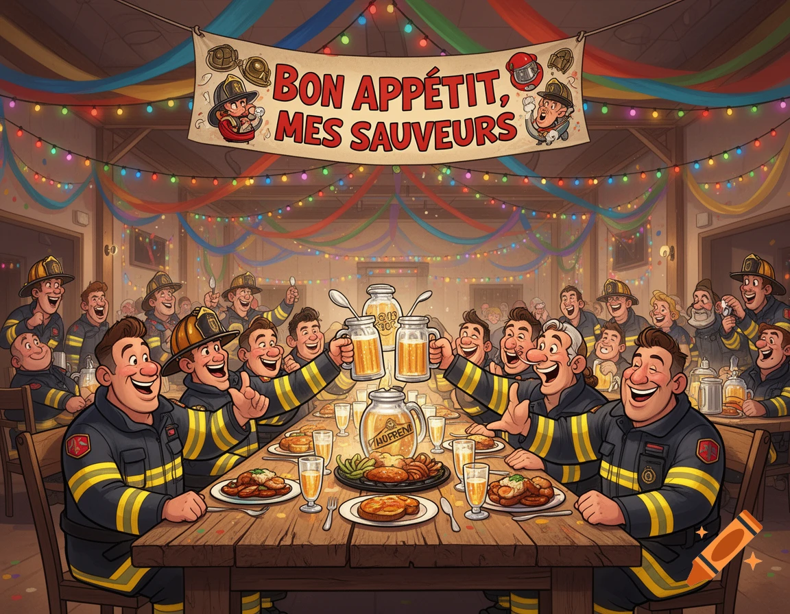 Cartoon firefighters celebrating at a festive banquet with a banner saying 'Bon Appétit, Mes Sauveurs'.