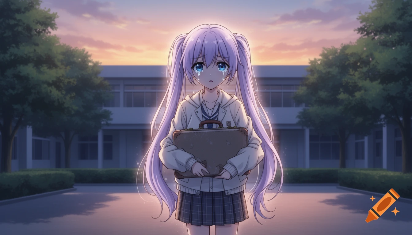 An anime girl with long lavender pigtails cries while holding a suitcase in a school courtyard at sunset.