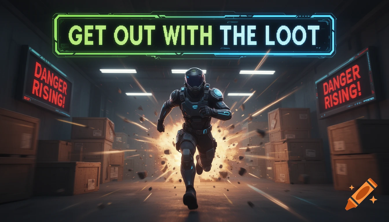 Futuristic armored character running through an exploding warehouse past boxes, under signs reading 'GET OUT WITH THE LOOT' and 'DANGER RISING!'.